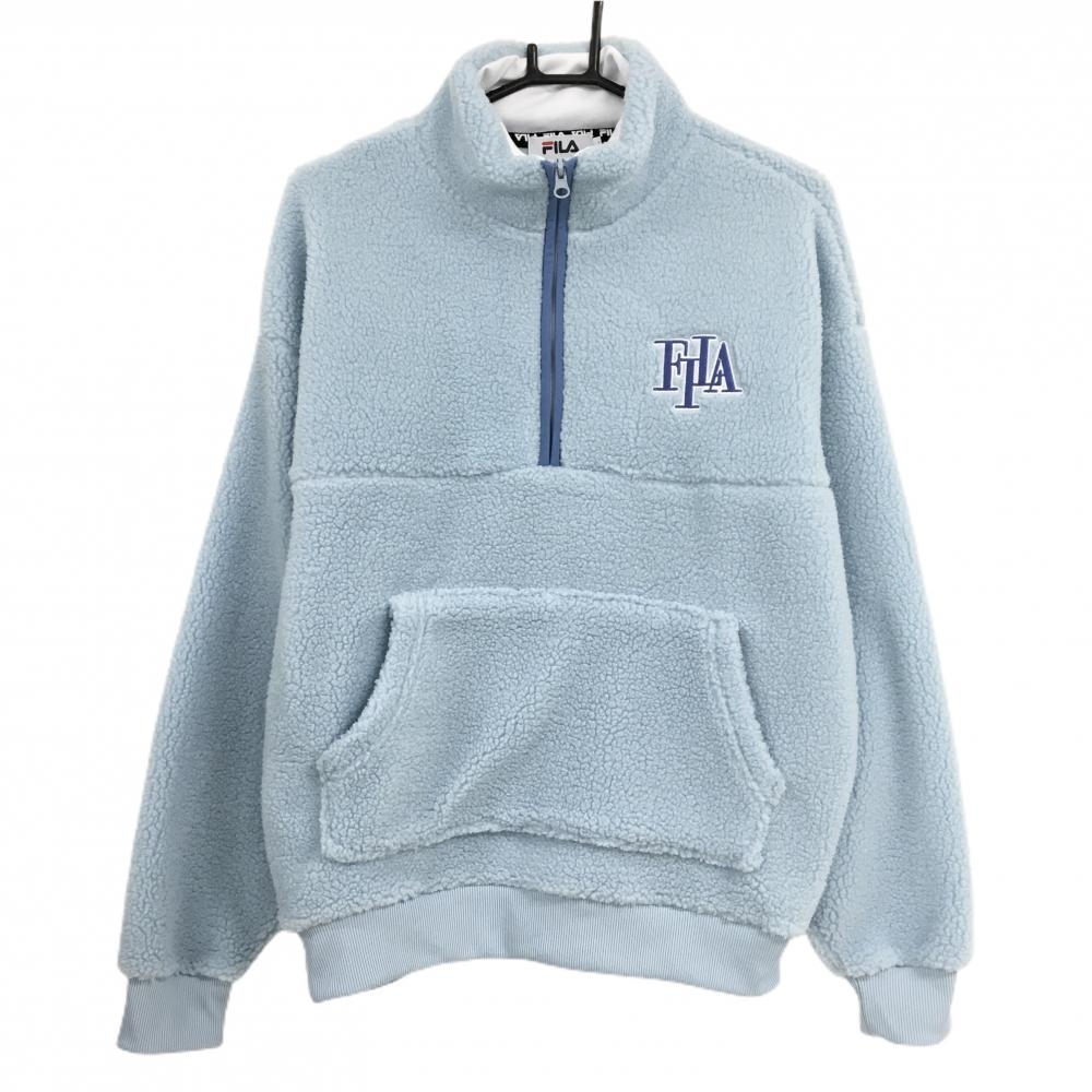 【超美品】フィラ ボアブルゾン ライトブルー ハーフジップ ロゴ刺しゅう 腹部ポケット レディース L ゴルフウェア FILA GOLF