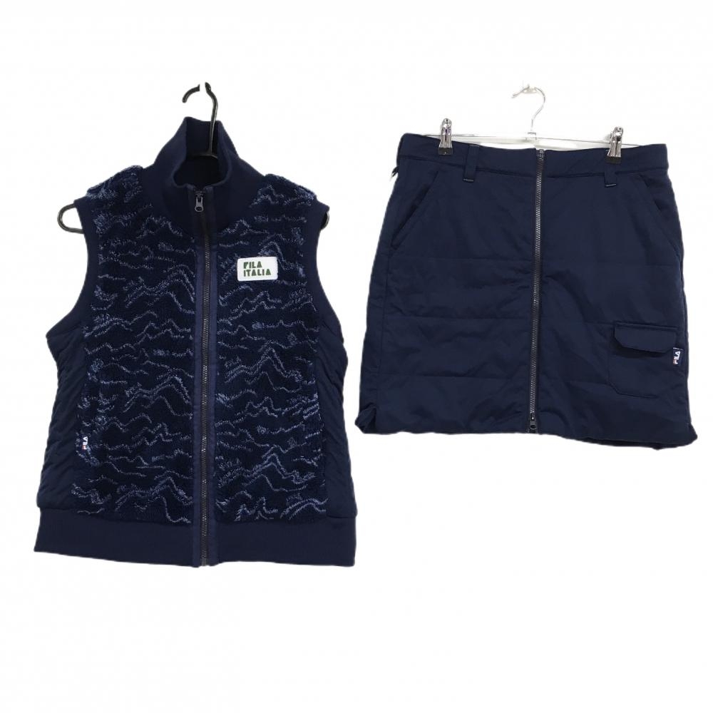 【超美品】フィラゴルフ 上下セット(ボアベスト×中綿スカート) ネイビー ボア総柄 蓄熱  レディース LL ゴルフウェア FILA GOLF
