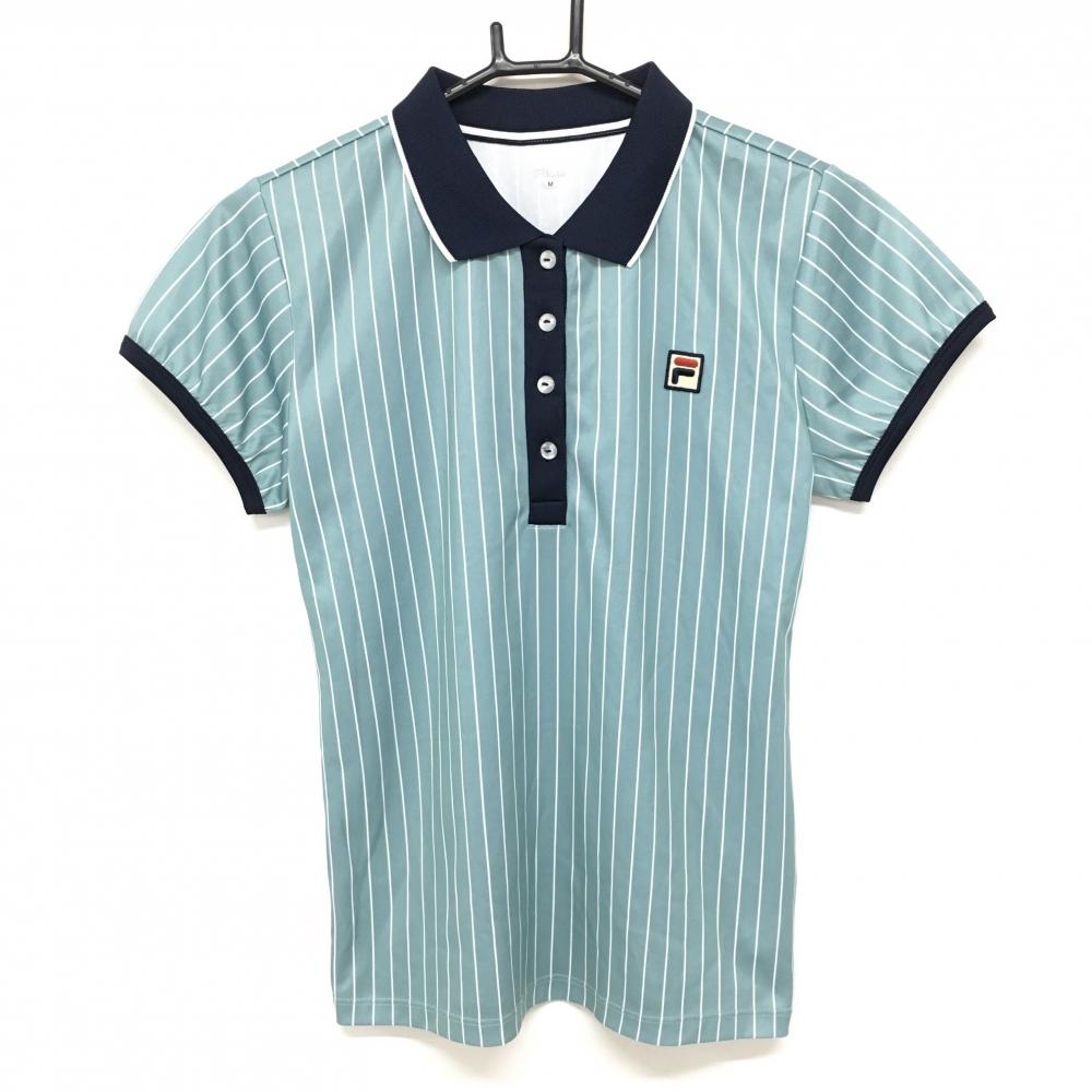 【美品】フィラ 半袖ポロシャツ ライトグリーン×ネイビー ストライプ  レディース M ゴルフウェア FILA GOLF