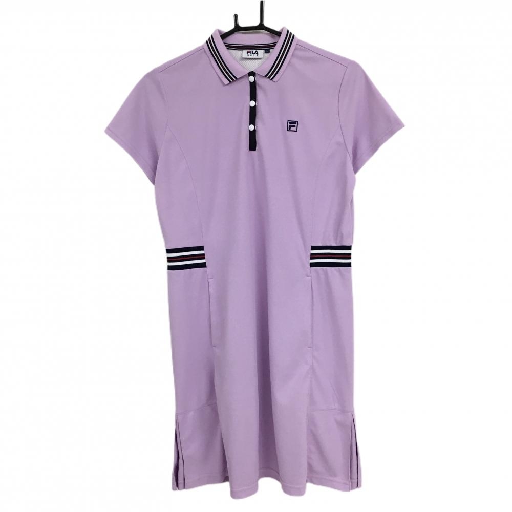 【超美品】フィラゴルフ 半袖ポロワンピース パープル×黒 ウエストリブボーダー  レディース L ゴルフウェア FILA GOLF
