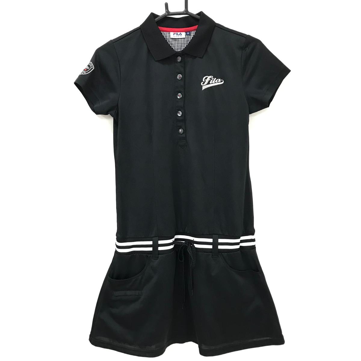 【超美品】フィラゴルフ 半袖ポロワンピース 黒 ハート柄地模様 ティー装着可 レディース M ゴルフウェア FILA GOLF