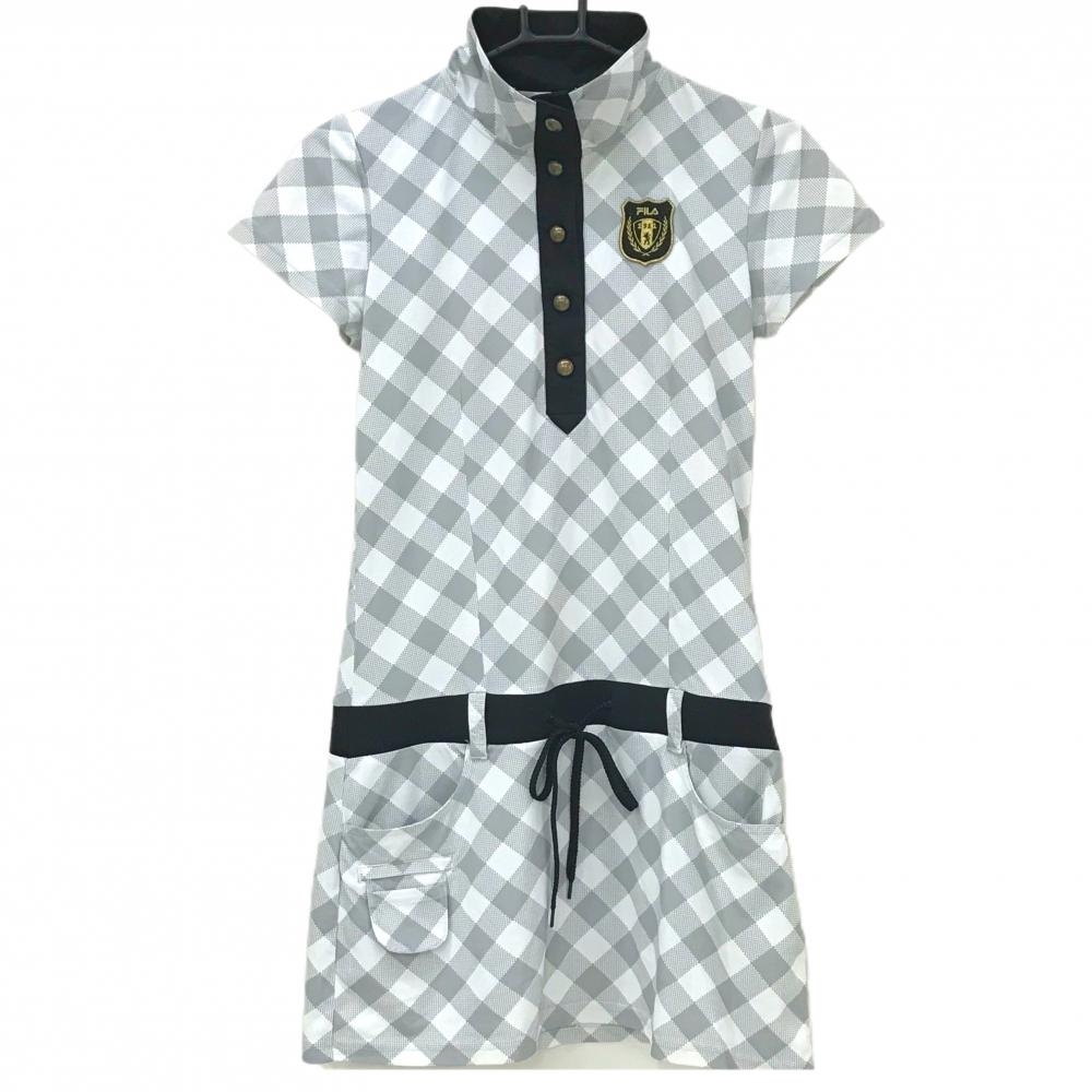 【超美品】フィラゴルフ 半袖ハイネックワンピース 白×グレー チェック インナーパンツ付 レディース M ゴルフウェア FILA GOLF