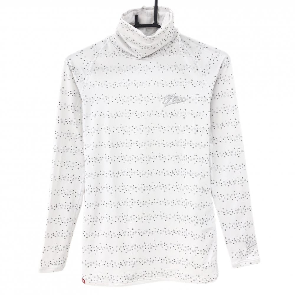 【超美品】フィラゴルフ 長袖ハイネックシャツ 白×グレー×シルバー 星柄 裏微起毛 ネックギャザー レディース M ゴルフウェア FILA GOLF
