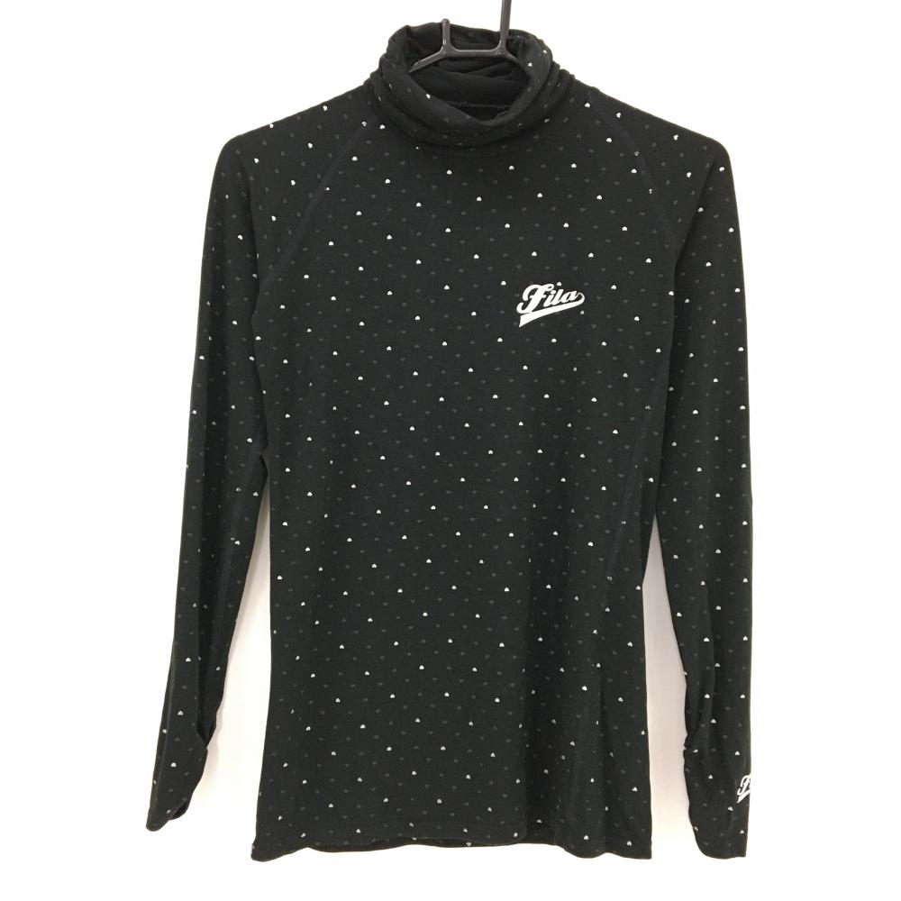 【超美品】フィラゴルフ 長袖タートルネックシャツ 黒×グレー ハート総柄 裏微起毛 袖シャーリング レディース M ゴルフウェア FILA GOLF