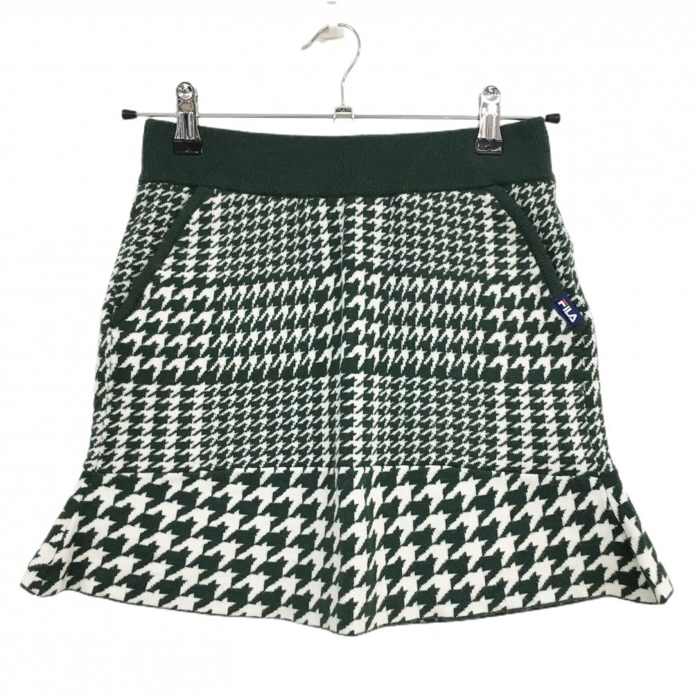 【超美品】フィラゴルフ ニットスカート グリーン×白 千鳥格子 ウエストゴム レディース S ゴルフウェア FILA GOLF