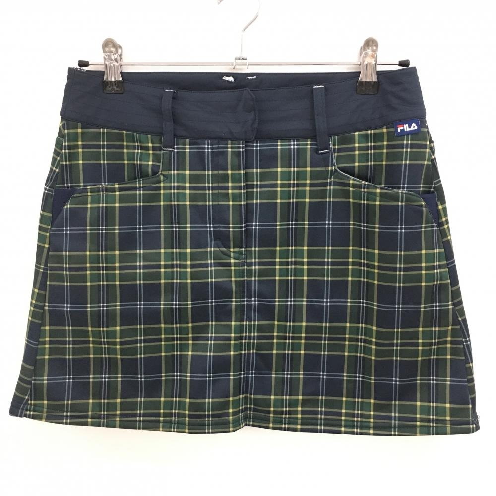 【美品】フィラゴルフ スカート ダークネイビー×グリーン チェック 裏起毛 ストレッチ レディース M ゴルフウェア FILA GOLF