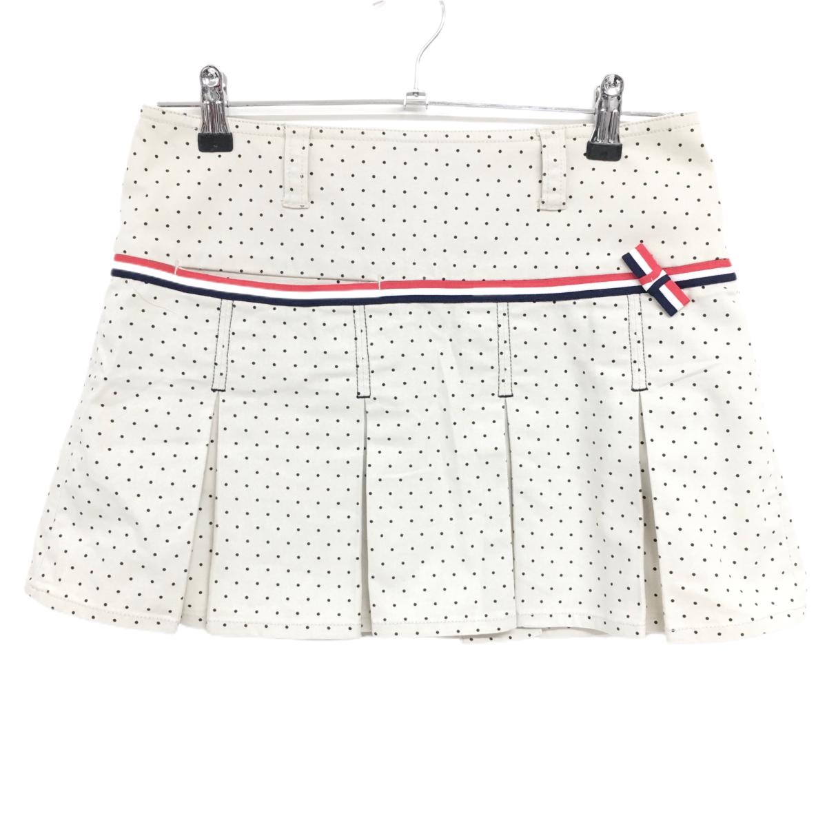 【美品】フィラゴルフ プリーツスカート アイボリー×黒 ドット柄 トリコロールリボン レディース M ゴルフウェア FILA GOLF