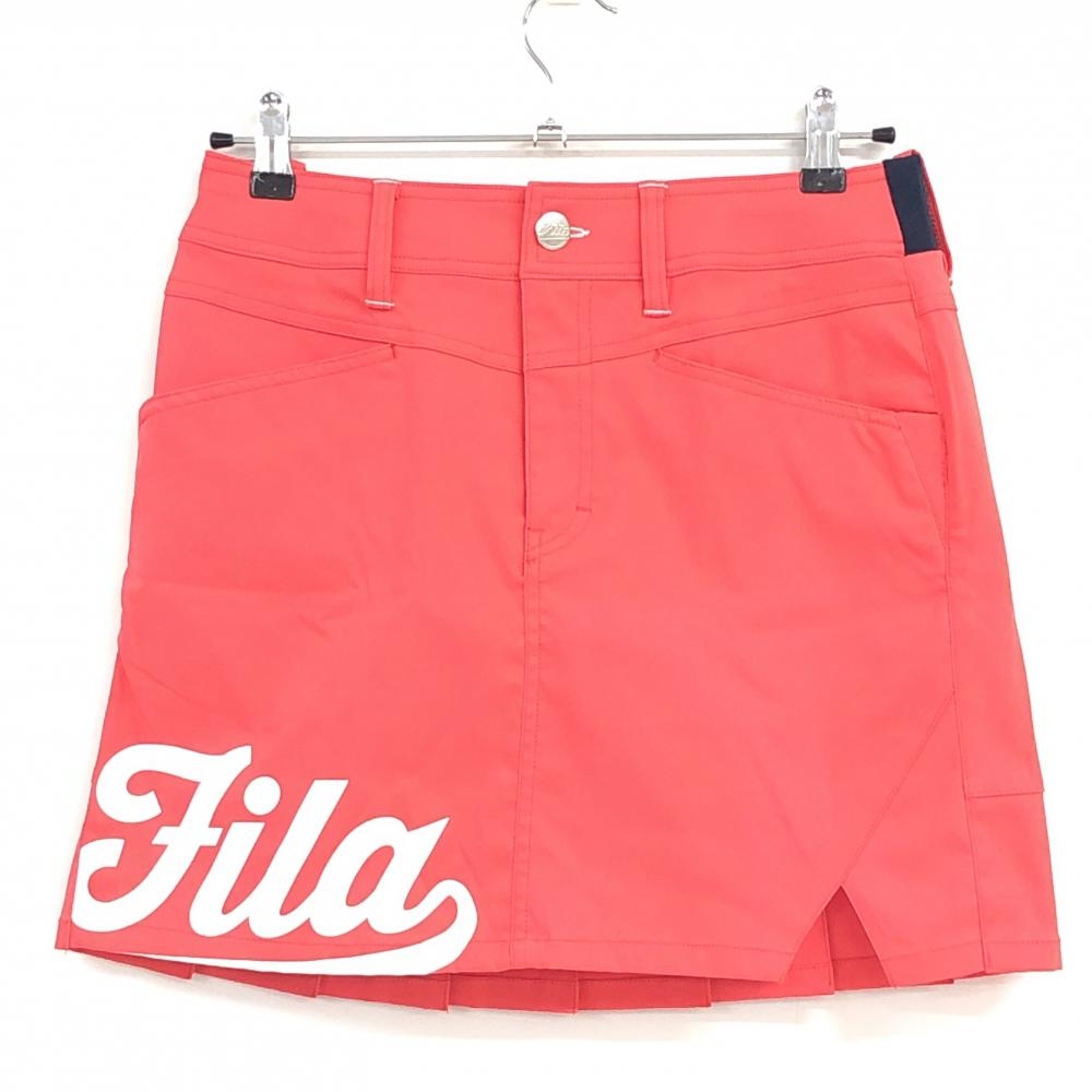 【超美品】フィラゴルフ スカート レッド ロゴ白 後ろプリーツ ウエスト一部ゴム レディース L ゴルフウェア FILA GOLF
