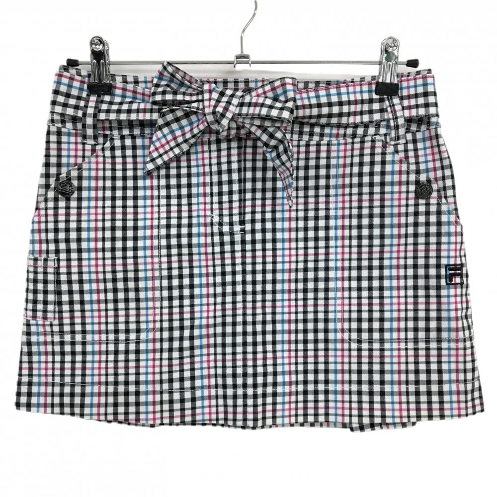 【美品】フィラゴルフ スカート 白×黒 チェック ロゴ刺しゅう ティー装着可 インナーパンツ付  レディース 2(L) ゴルフウェア FILA GOLF