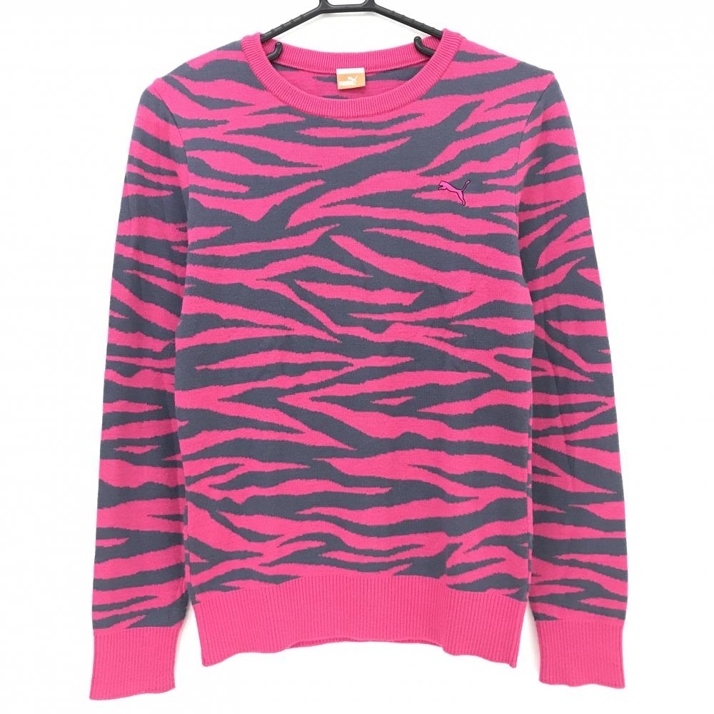 プーマ セーター ピンク×グレー ゼブラ柄 ウール混 ニット レディース O(XL) ゴルフウェア PUMA