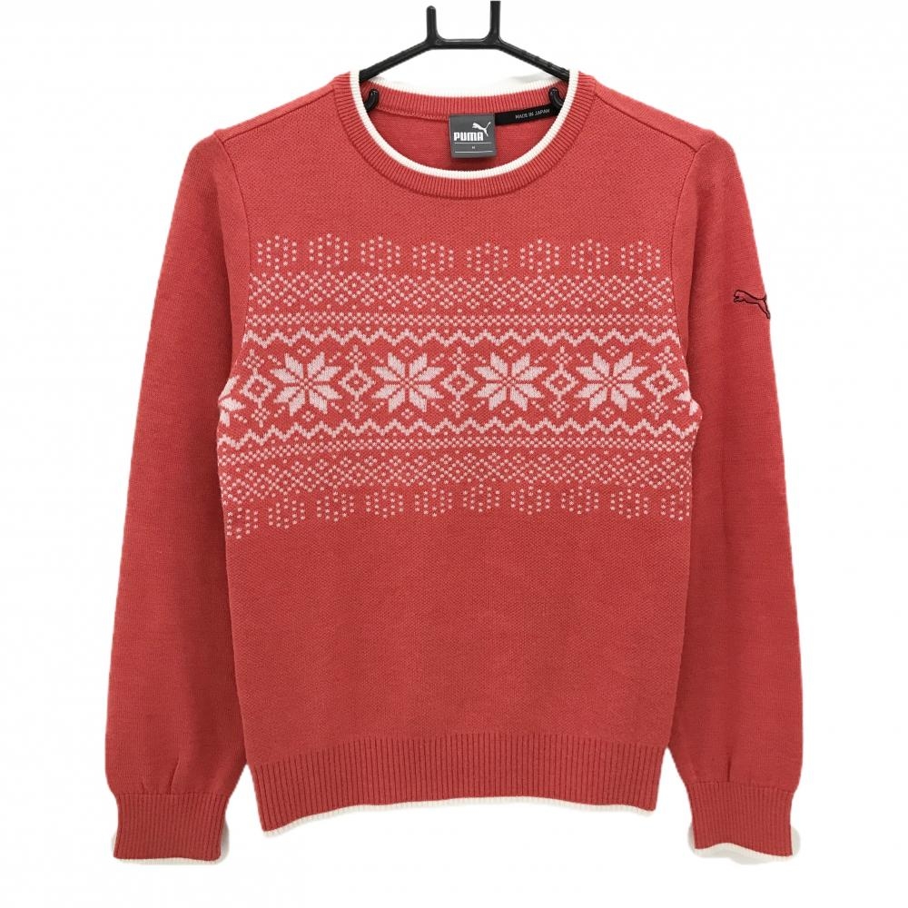 【超美品】プーマ セーター オレンジレッド系×白 前面ノルディック柄 ニット ウール混 レディース M ゴルフウェア PUMA