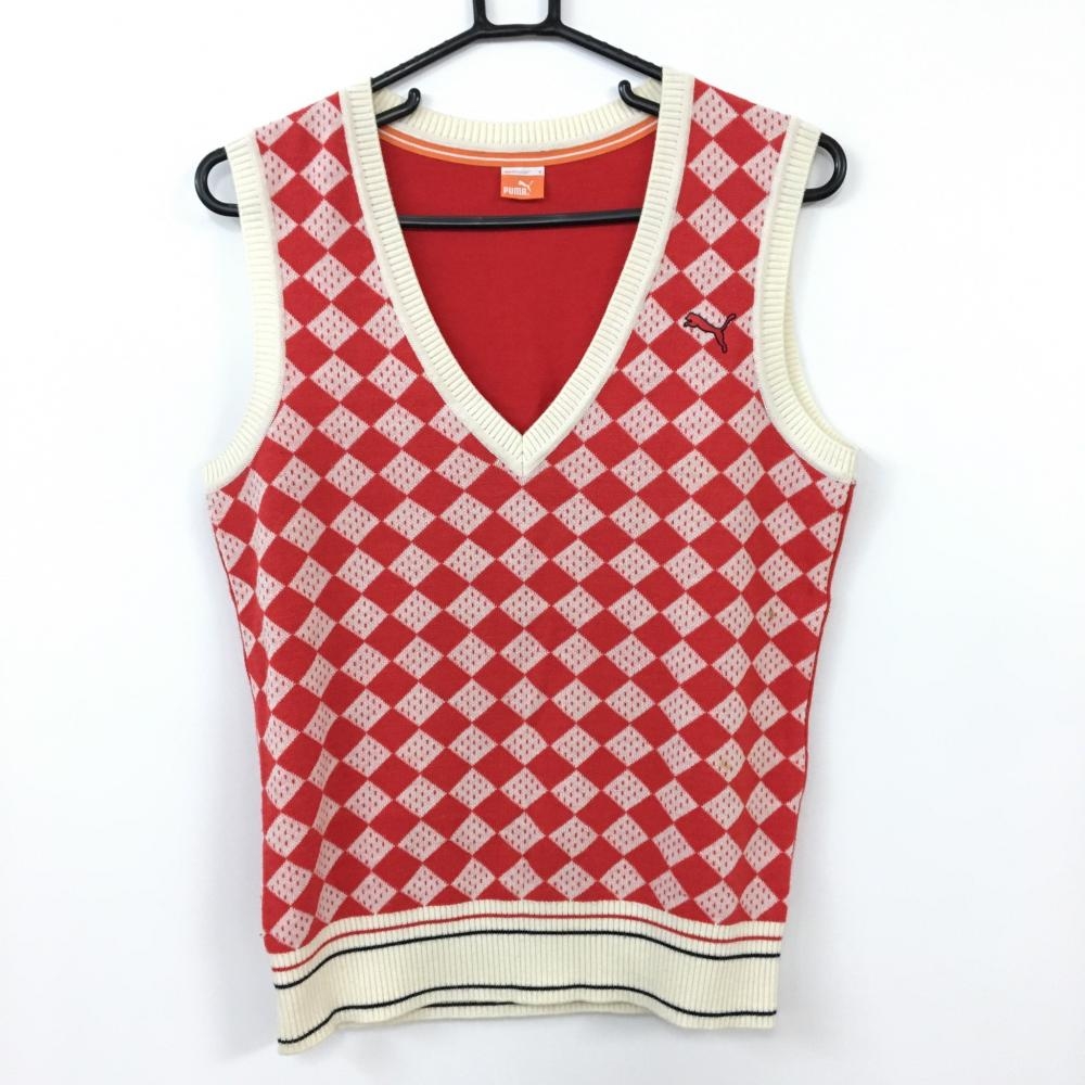 PUMA プーマ ニットベスト レッド×白 前ダイヤ柄 ウール40％ Vネック レディース 0(L) ゴルフウェア 画像