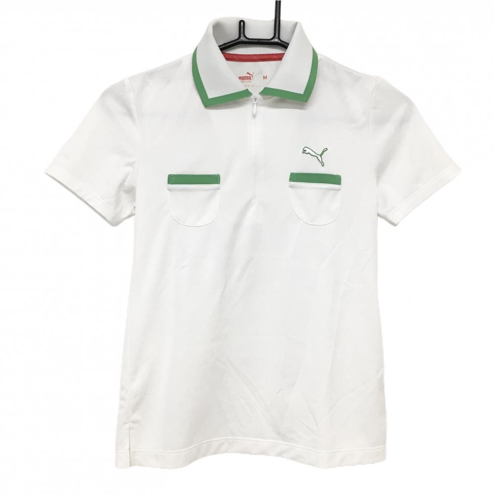 プーマ 半袖ポロシャツ 白×ライトグリーン ロゴ刺しゅう レディース M ゴルフウェア PUMA 画像