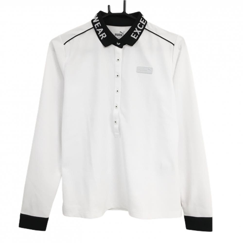 【美品】プーマ 長袖ポロシャツ 白 襟黒 胸ロゴ レディース L ゴルフウェア PUMA