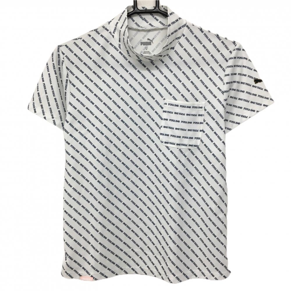 プーマ 半袖ハイネックシャツ 白×ネイビー ロゴ総柄 胸ポケット  レディース M ゴルフウェア PUMA