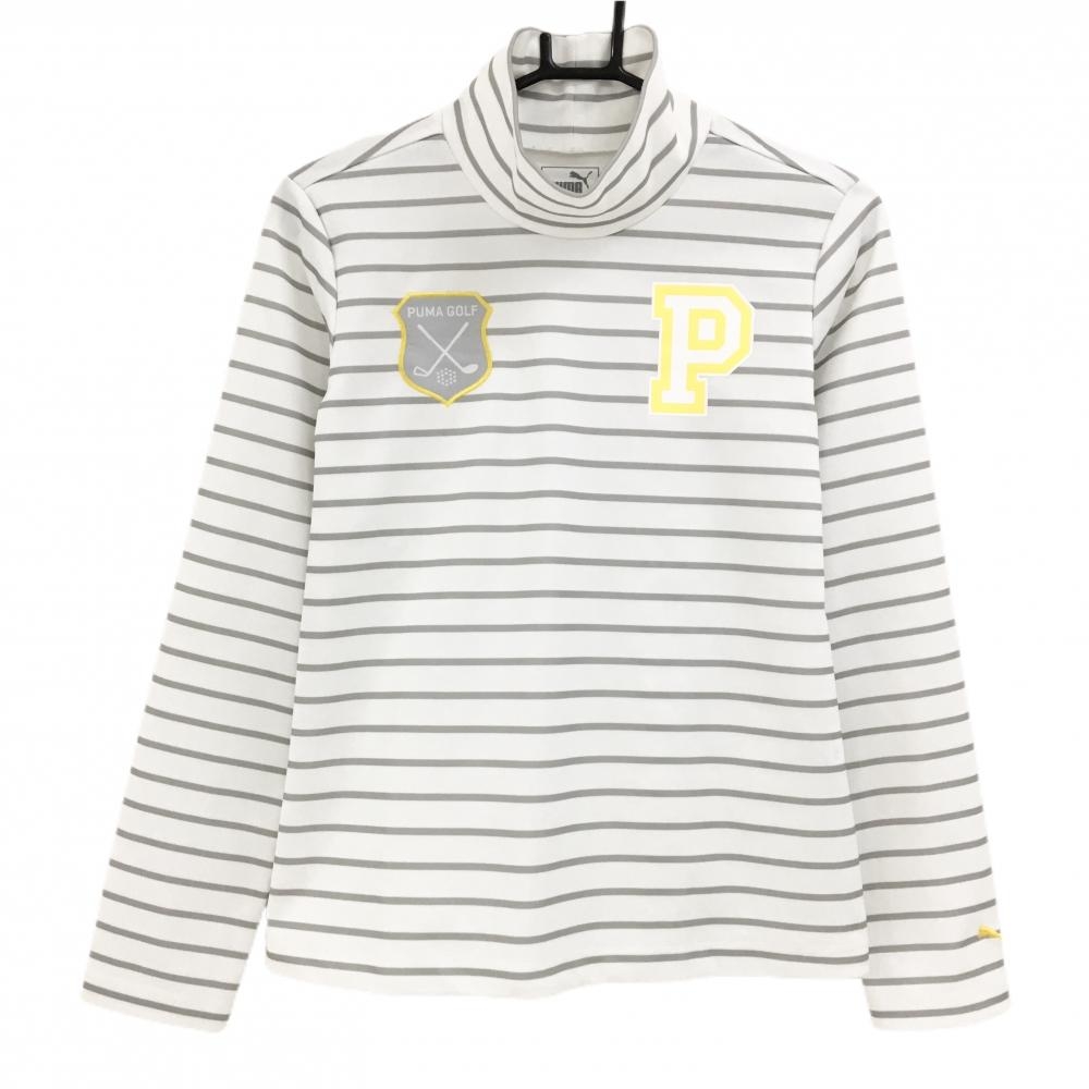 【美品】プーマ 長袖ハイネックシャツ 白×グレー ボーダー レディース L ゴルフウェア PUMA