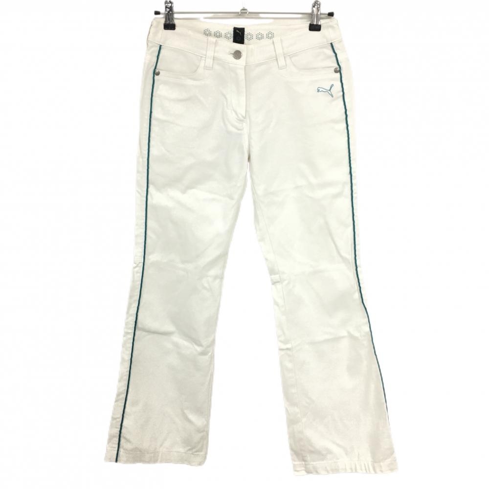 プーマ パンツ 白×グリーン サイドライン ストレッチ ロゴ刺しゅう レディース L ゴルフウェア PUMA
