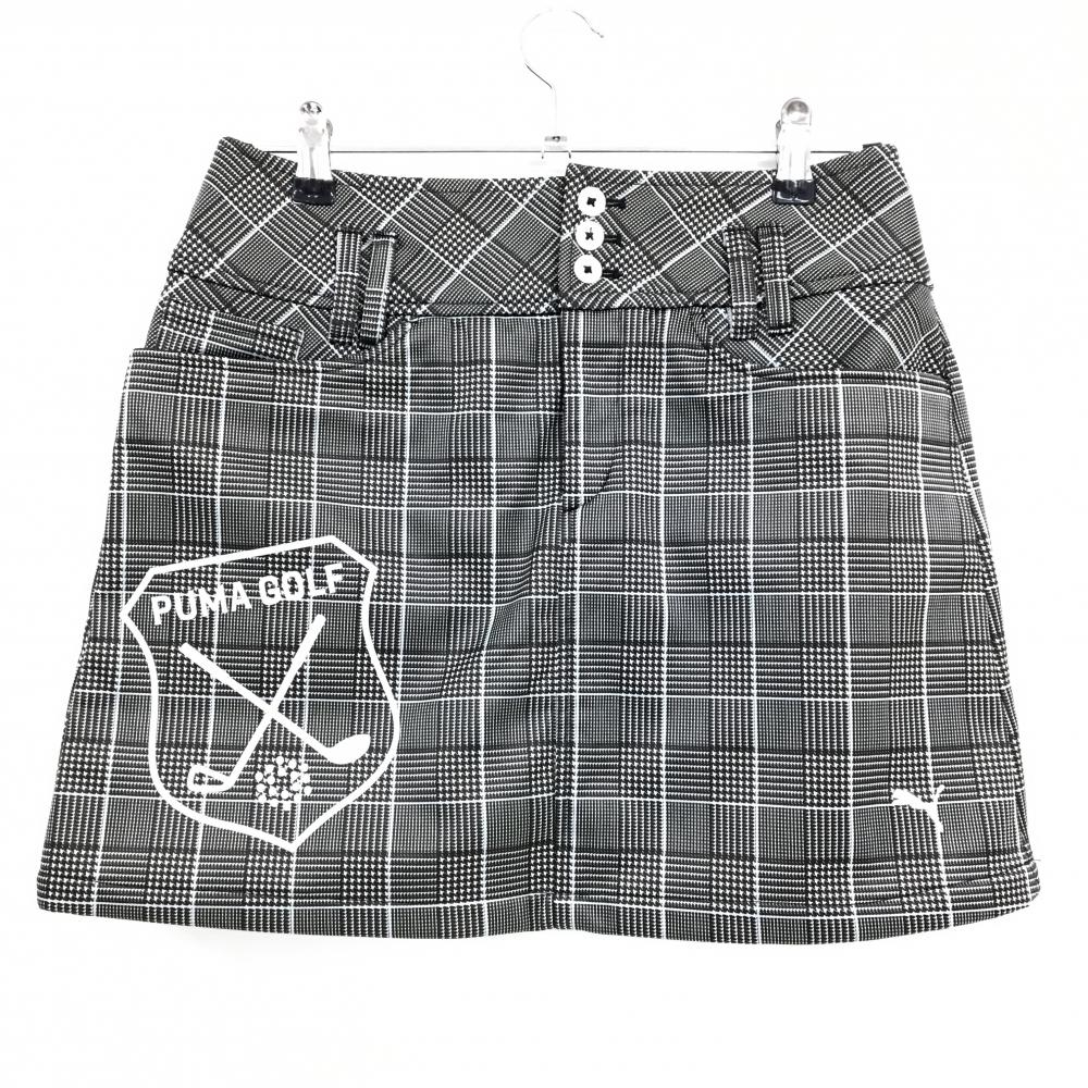 【超美品】プーマ スカート 黒×白 チェック柄 ロゴ刺しゅう 裏起毛 レディース L ゴルフウェア PUMA