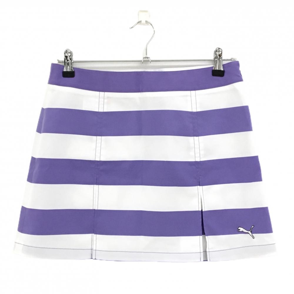 【超美品】プーマ スカート パープル×白 ボーダー ボックスプリーツ 裾ロゴ レディース L ゴルフウェア PUMA