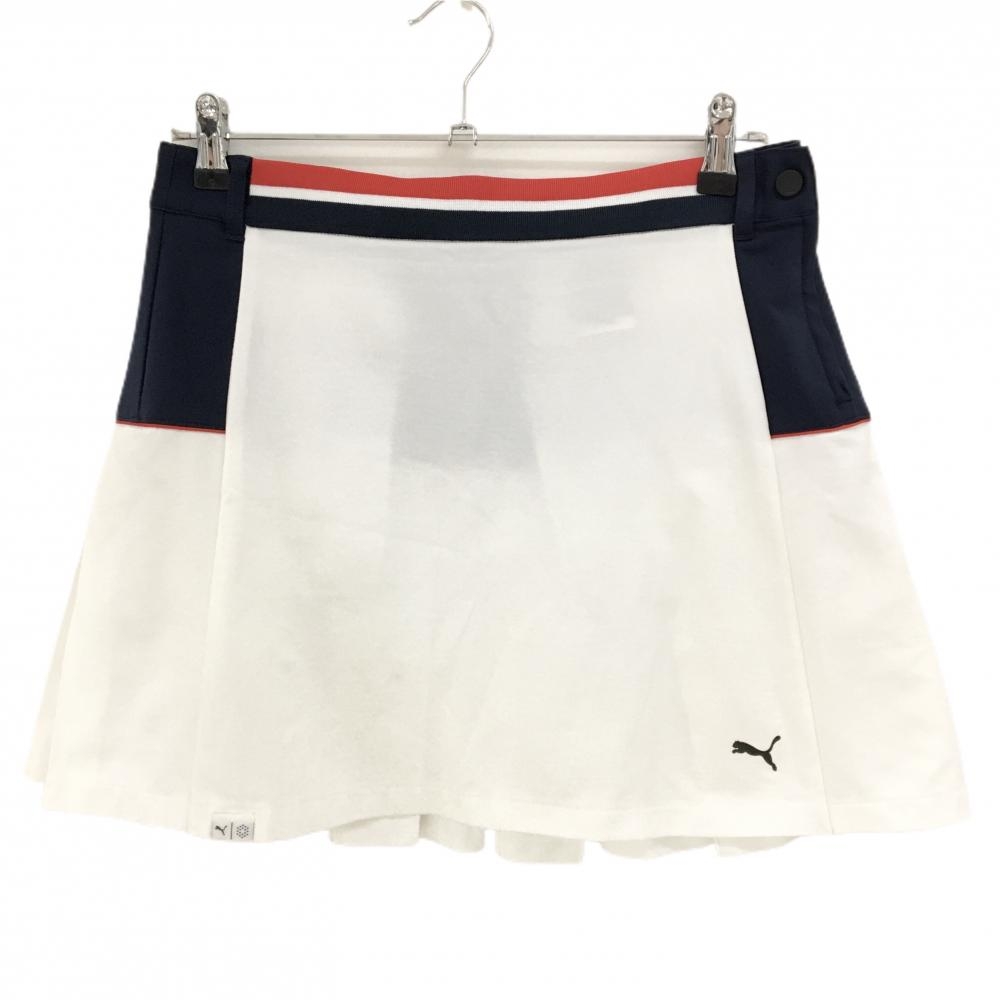 プーマ スカート 白×ネイビー バイカラー 後ろプリーツ ロゴ レディース XL ゴルフウェア PUMA