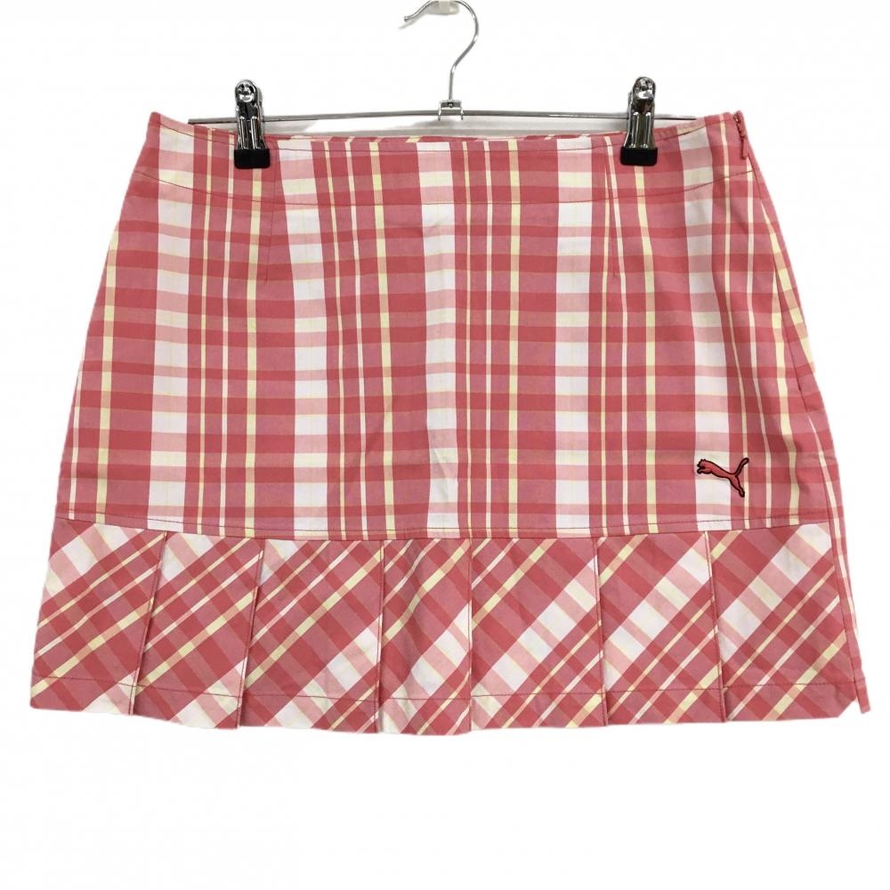 【超美品】プーマ スカート ピンク×白 チェック 裾プリーツ ロゴ刺しゅう レディース O ゴルフウェア PUMA