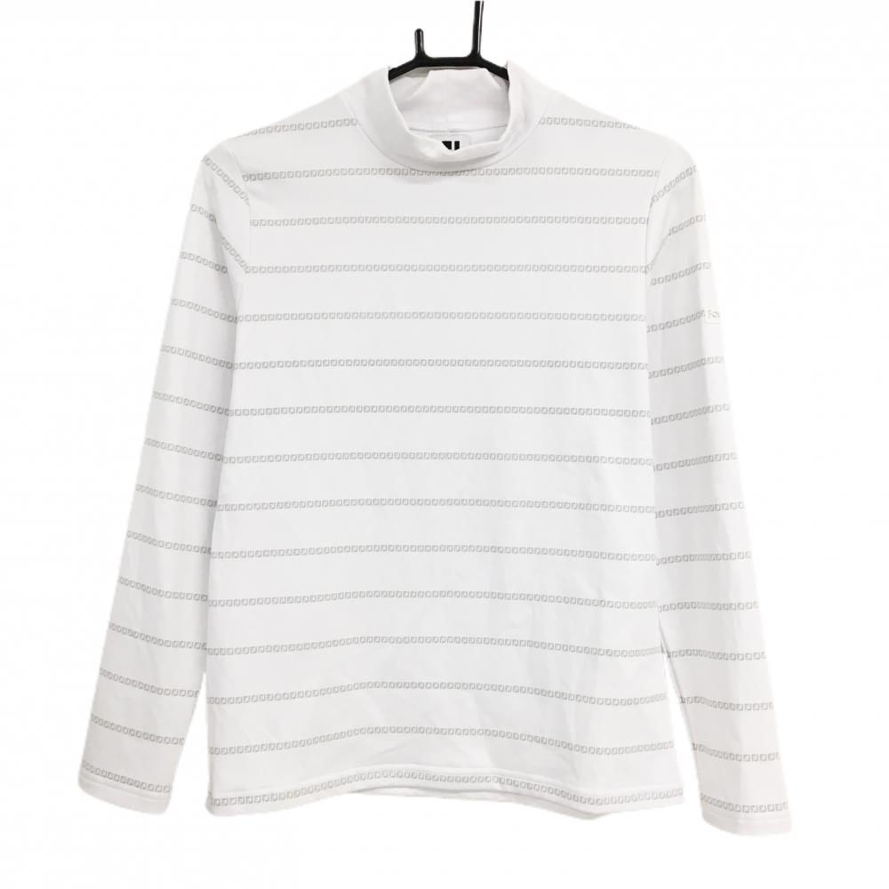 【美品】フットジョイ 長袖ハイネックシャツ 白×ライトグレー ロゴボーダー レディース M ゴルフウェア FootJoy