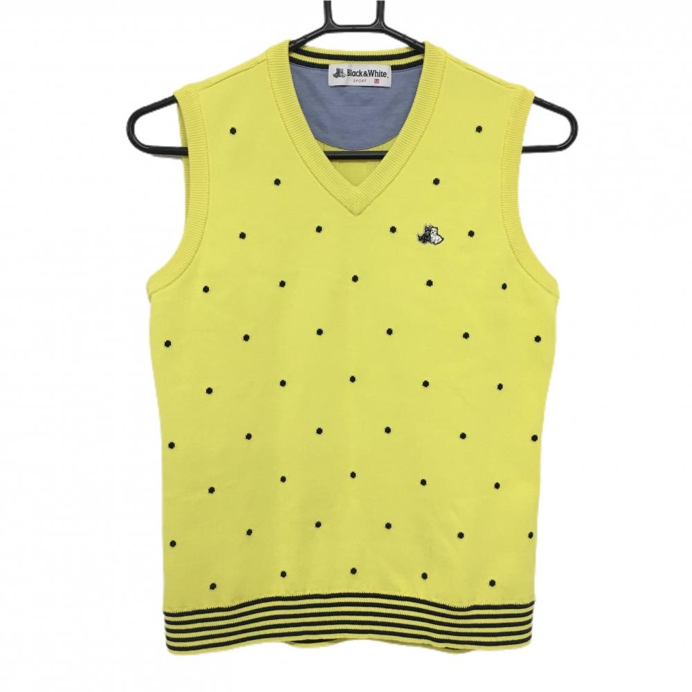 【美品】ブラックアンドホワイト ニットベスト イエロー×黒 前ドット Vネック レディース M ゴルフウェア Black＆White