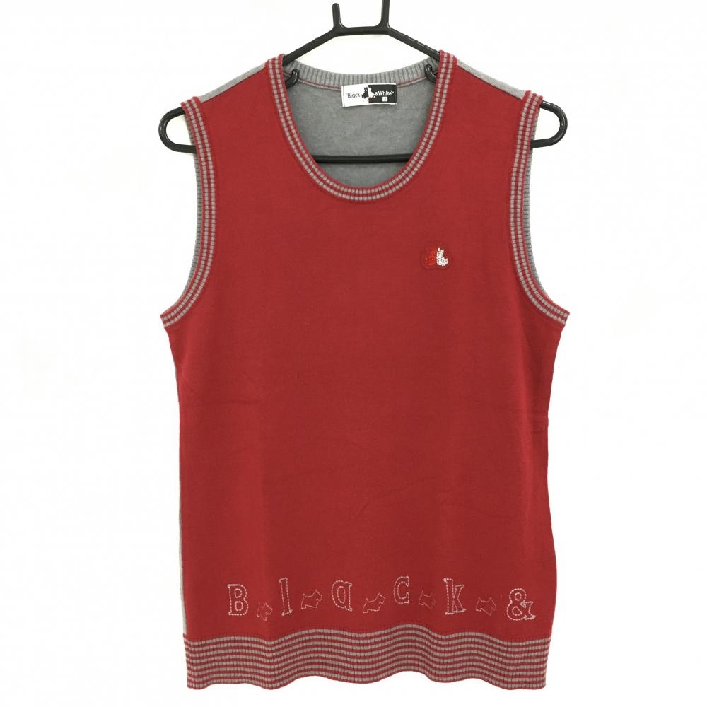 ブラックアンドホワイト ニットベスト レッド×グレー ラインストーンロゴ ウール混  レディース 2(M) ゴルフウェア Black＆White