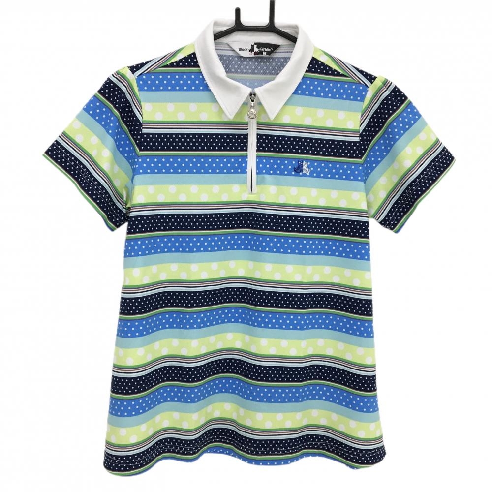【超美品】ブラックアンドホワイト 半袖ポロシャツ 白×マルチカラー ボーダー ドット  レディース 2(M) ゴルフウェア Black＆White