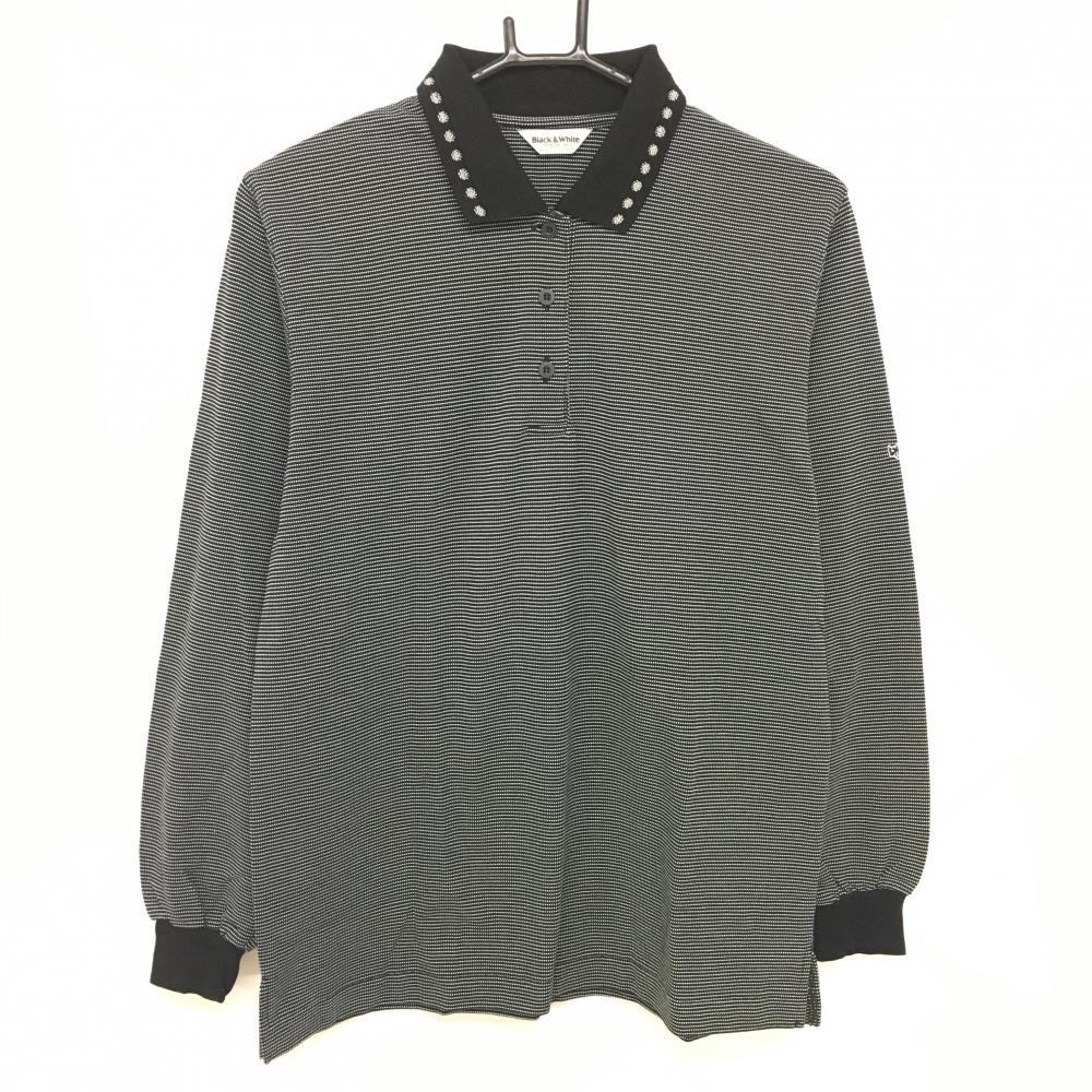 【超美品】ブラックアンドホワイト 長袖ポロシャツ 黒×白 ボーダー風織生地  レディース L ゴルフウェア Black＆White