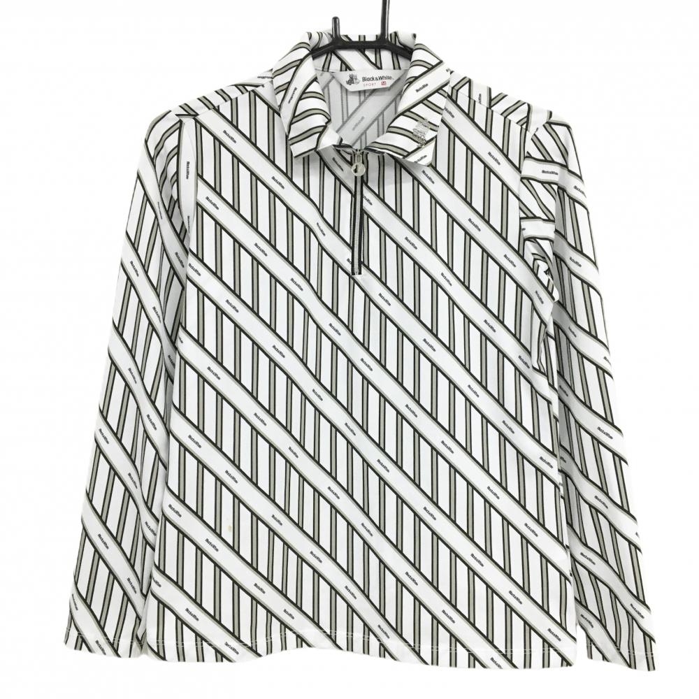 ブラックアンドホワイト 長袖ポロシャツ 白×グレー×黒 ストライプ ハーフジップ 斜めライン レディース M ゴルフウェア Black＆White