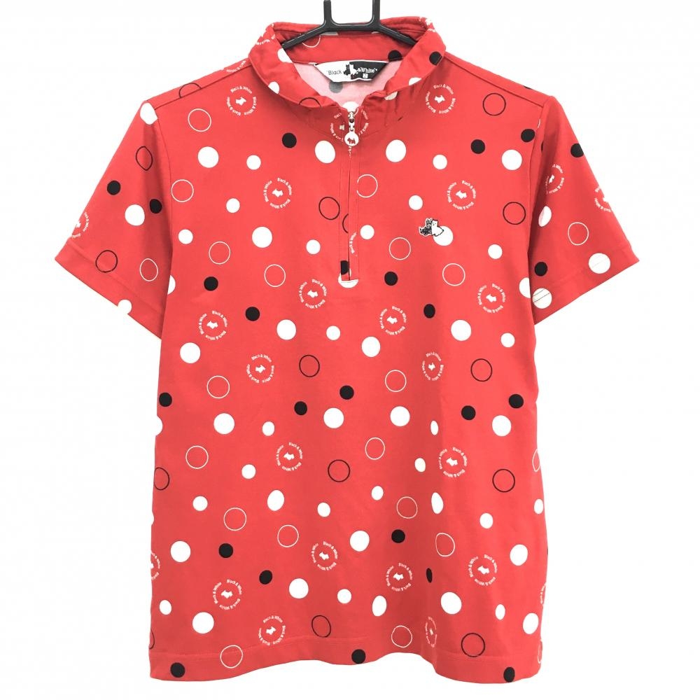 【超美品】ブラックアンドホワイト 半袖ハイネックシャツ レッド×白 ドット調 胸元ロゴ  レディース 2(M) ゴルフウェア Black＆White