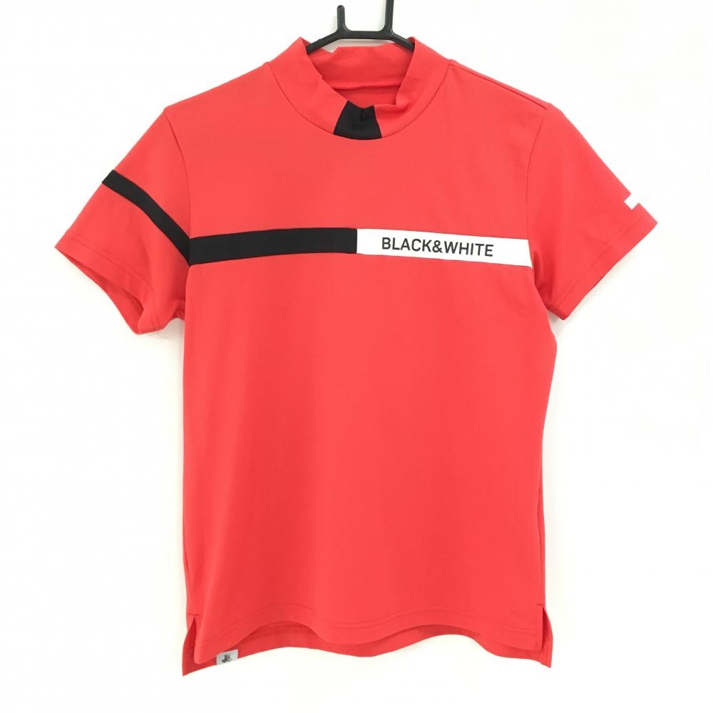 【超美品】ブラックアンドホワイト 半袖ハイネックシャツ レッド×黒 胸元ライン  レディース L ゴルフウェア Black＆White