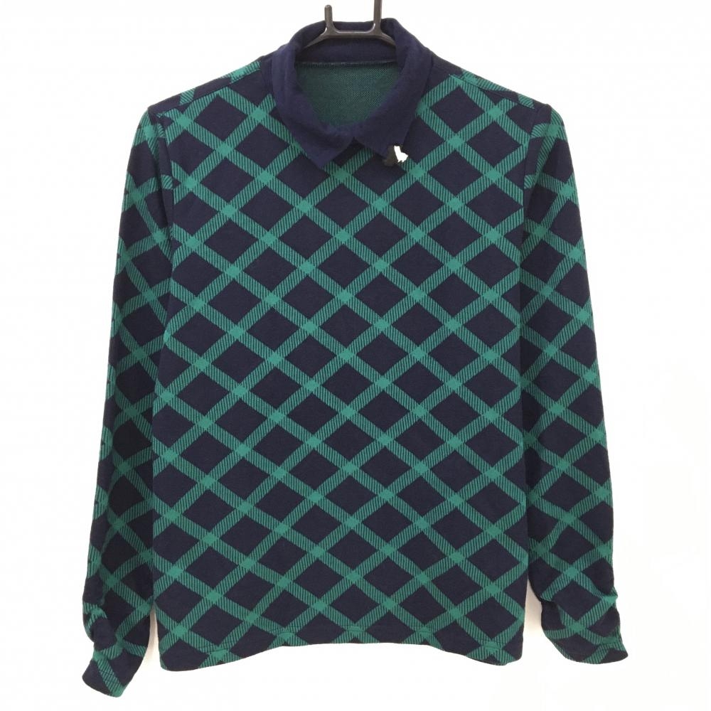 【美品】ブラックアンドホワイト 長袖ハイネックシャツ ネイビー×グリーン 斜め格子柄 レディース 色褪せ少 ゴルフウェア Black＆White