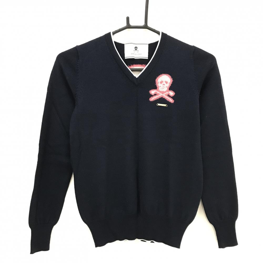 【超美品】マークアンドロナ セーター ネイビー×ピンク 背面ビッグスカル ウール混 ニット レディース S ゴルフウェア MARK＆LONA