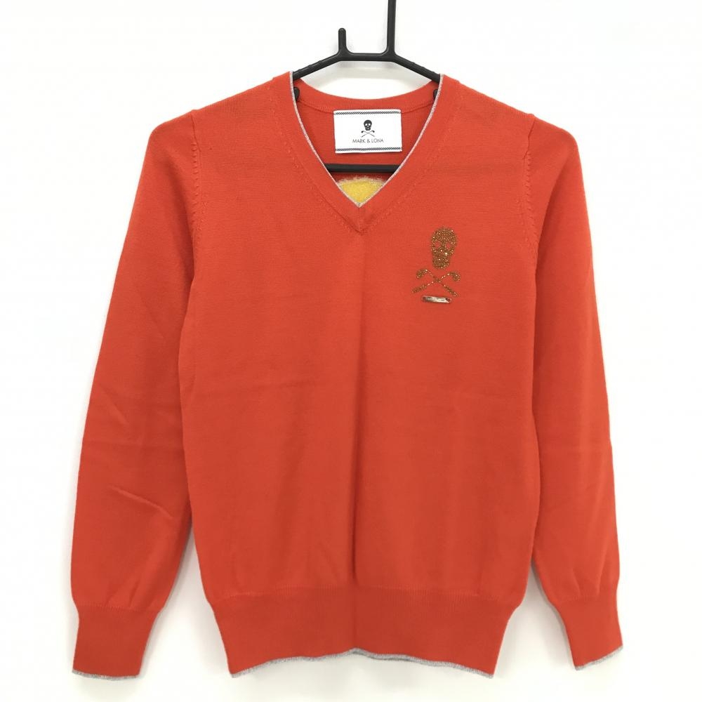 【美品】マークアンドロナ セーター オレンジ×イエロー 背面ビッグスカル ウール混 ニット  レディース S ゴルフウェア MARK＆LONA