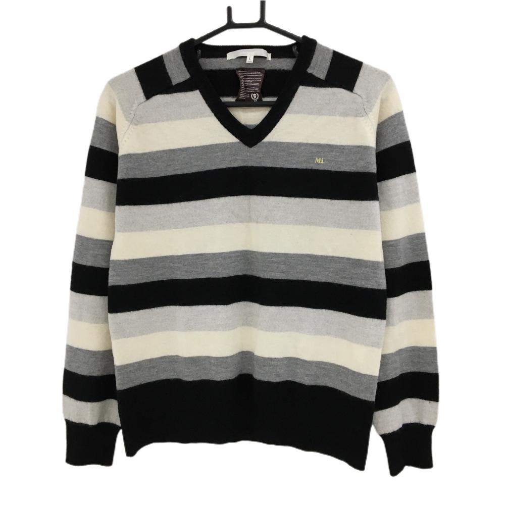 【美品】マークアンドロナ セーター 黒×白×グレー ボーダー Vネック スカル ニット レディース L ゴルフウェア MARK＆LONA