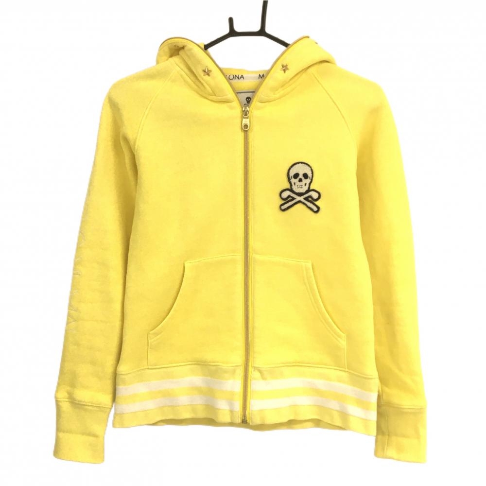 マークアンドロナ ジップパーカー イエロー×白 フード部分スタッズ 裏起毛  レディース M ゴルフウェア MARK＆LONA