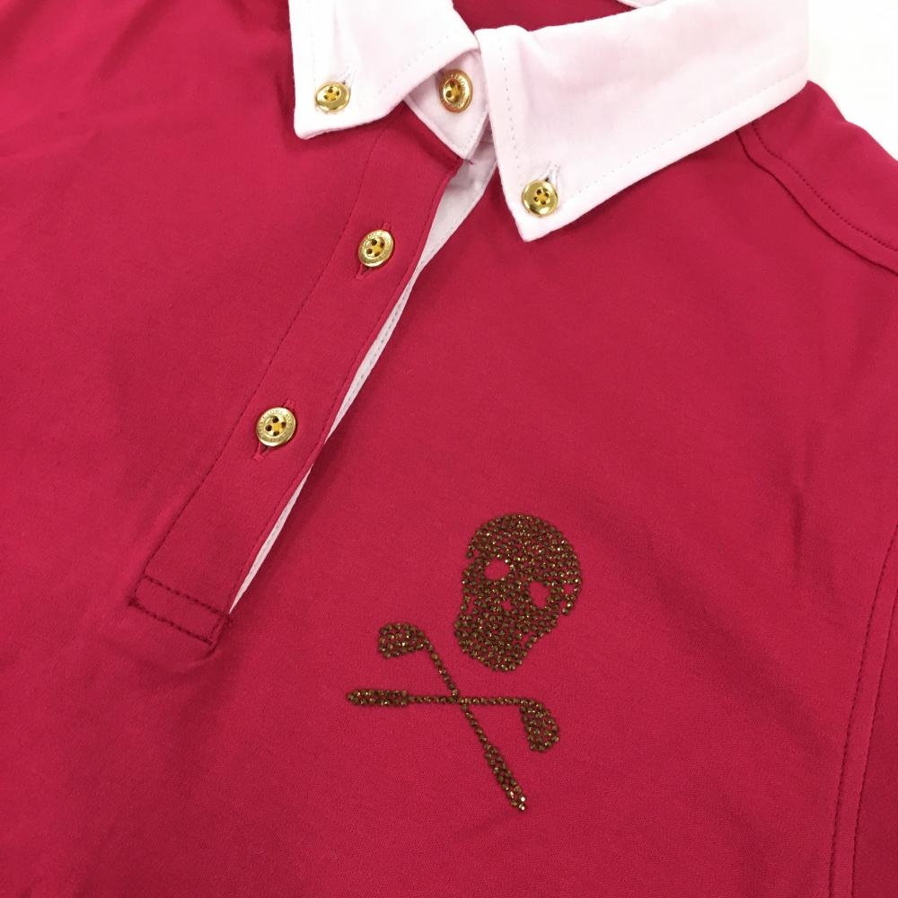 美品】マークアンドロナ 半袖ポロシャツ ピンク×白 背面ビッグスカル