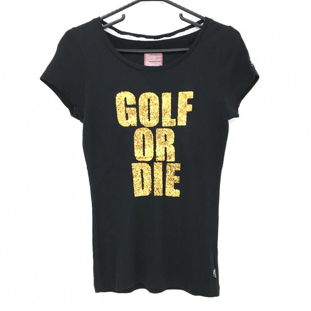 マークアンドロナ Tシャツ 黒×ゴールド コットン混  レディース M ゴルフウェア MARK＆LONA