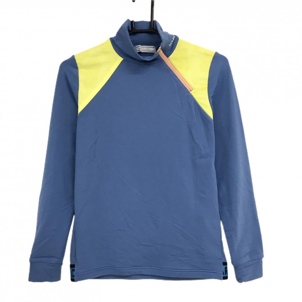 【美品】マークアンドロナ 長袖ハイネックシャツ スモーキーブルー系×イエロー 裏起毛 レディース 38(M) ゴルフウェア MARK＆LONA