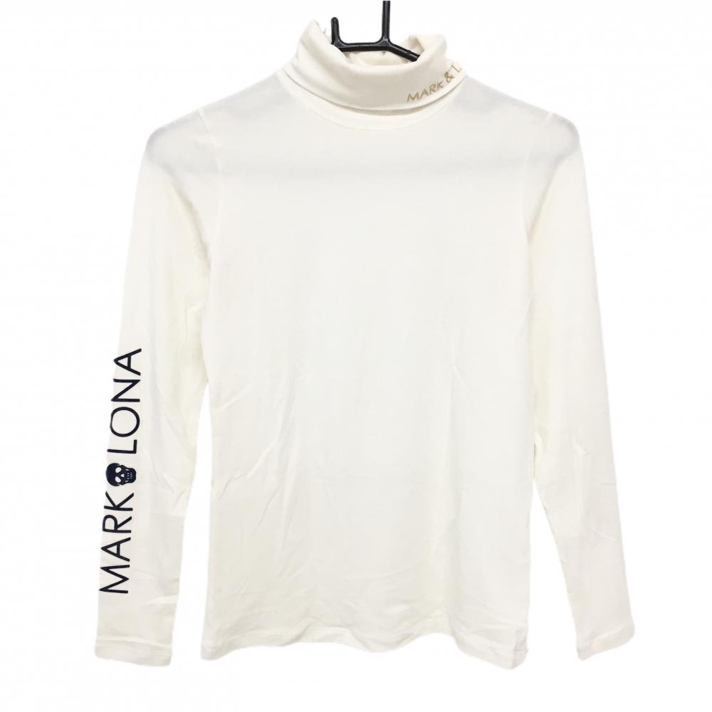 【美品】マークアンドロナ 長袖ハイネックシャツ 白×ネイビー 袖ロゴ 表微起毛  レディース S ゴルフウェア MARK＆LONA