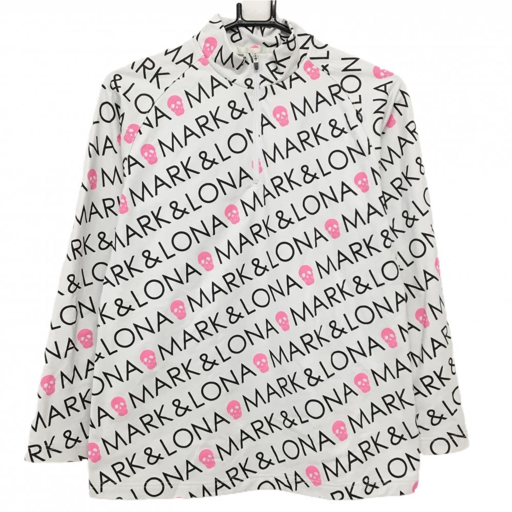 マークアンドロナ 長袖ハイネックシャツ 白×黒×ピンク ロゴ総柄 スカル総柄   レディース M ゴルフウェア MARK＆LONA