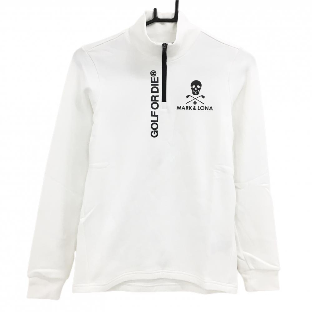 【新品】マークアンドロナ 長袖ハイネックシャツ 白×黒 ハーフジップ スカル 裏起毛  レディース 38(M) ゴルフウェア MARK＆LONA