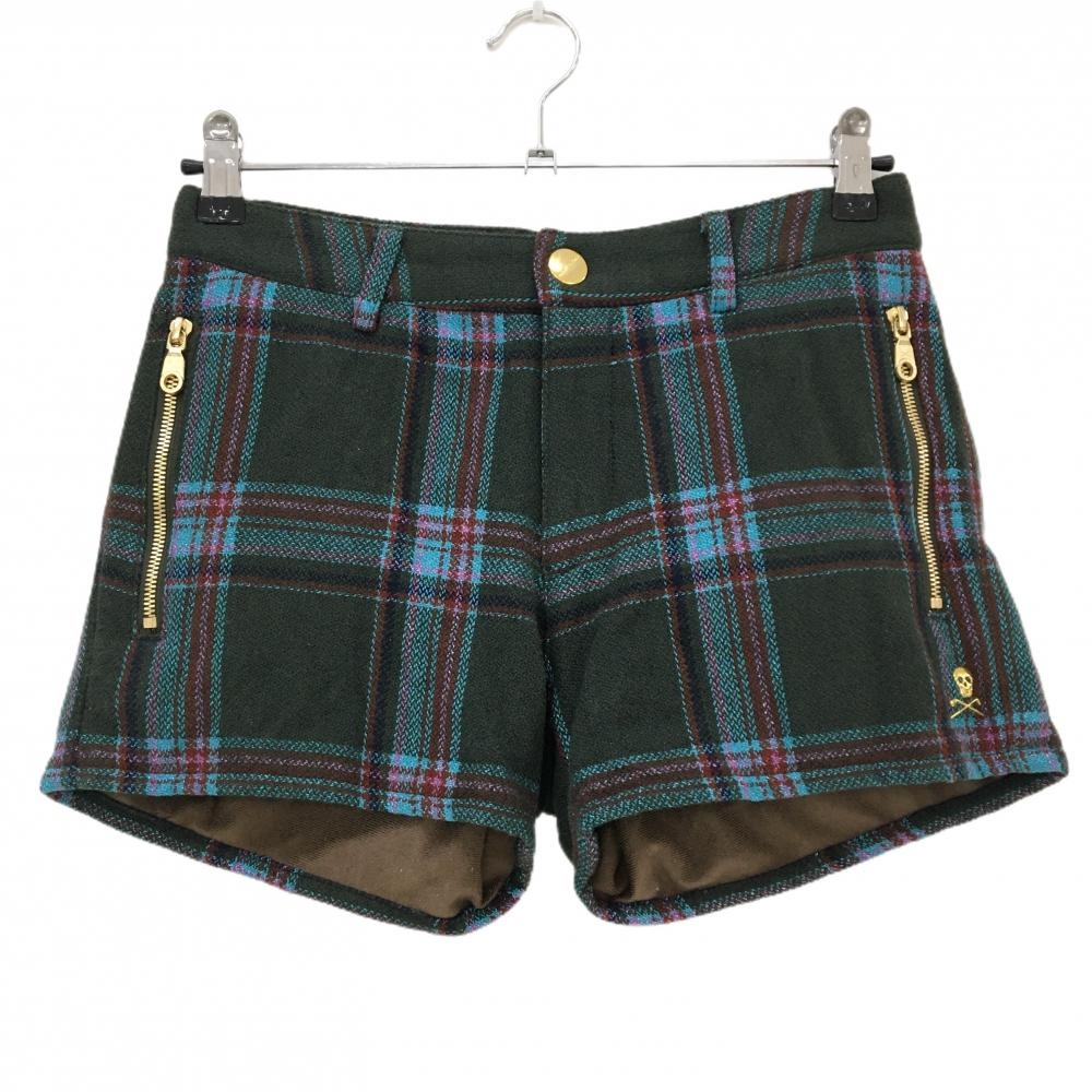 【超美品】マークアンドロナ ショートパンツ ダークグリーン×ライトブルー チェック 裏起毛 レディース 38(M) ゴルフウェア MARK＆LONA