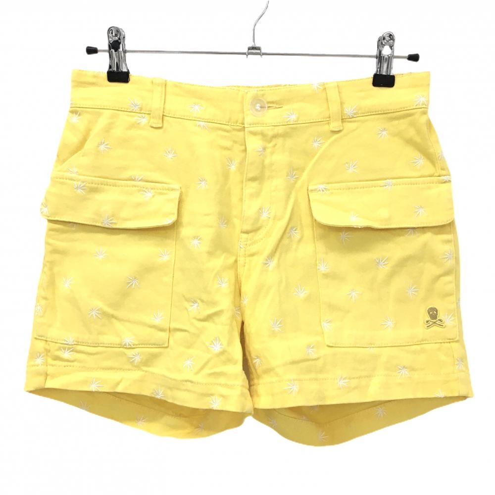 マークアンドロナ ショートパンツ イエロー×白 リーフ柄 ストレッチ レディース M ゴルフウェア MARK＆LONA