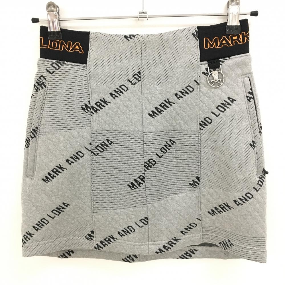 【美品】マークアンドロナ スカート グレー×黒 ロゴ総柄 サイドウエストゴム 後ろハーフジップ レディース 36(S) ゴルフウェア MARK＆LONA