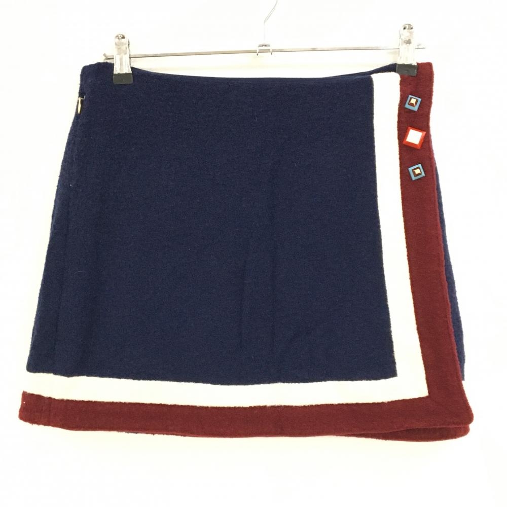 【美品】マークアンドロナ ニットスカート ネイビー×白×ボルドー ウール混 ラップ  レディース M ゴルフウェア MARK＆LONA