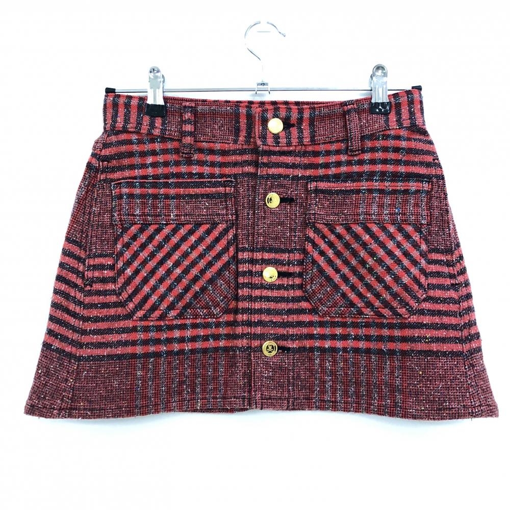 【超美品】マークアンドロナ スカート レッド系×黒 チェック 起毛素材 ストレッチ レディース S ゴルフウェア MARK＆LONA