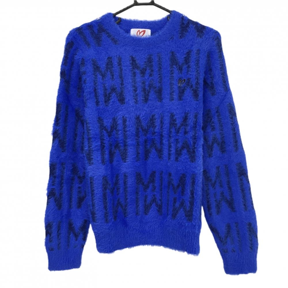 【超美品】マスターバニー セーター ブルー×ネイビー ロゴ総柄 レディース 2(L) ゴルフウェア 2024年モデル MASTER BUNNY EDITION